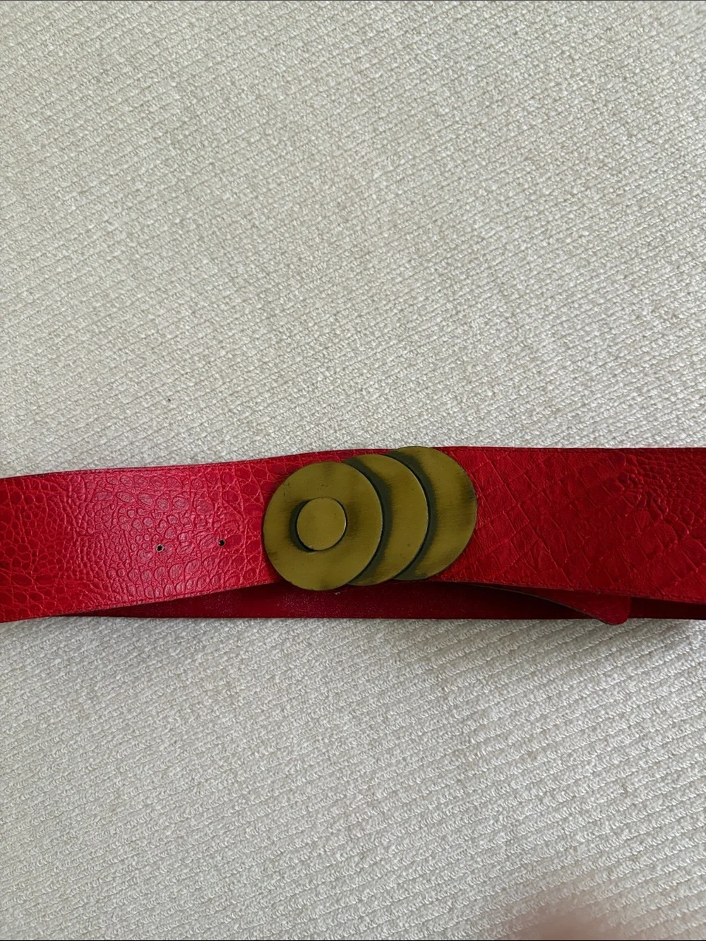 Bold Red Leather Croc Design Waist Belt with Antique Gold Triple Disc Buckle